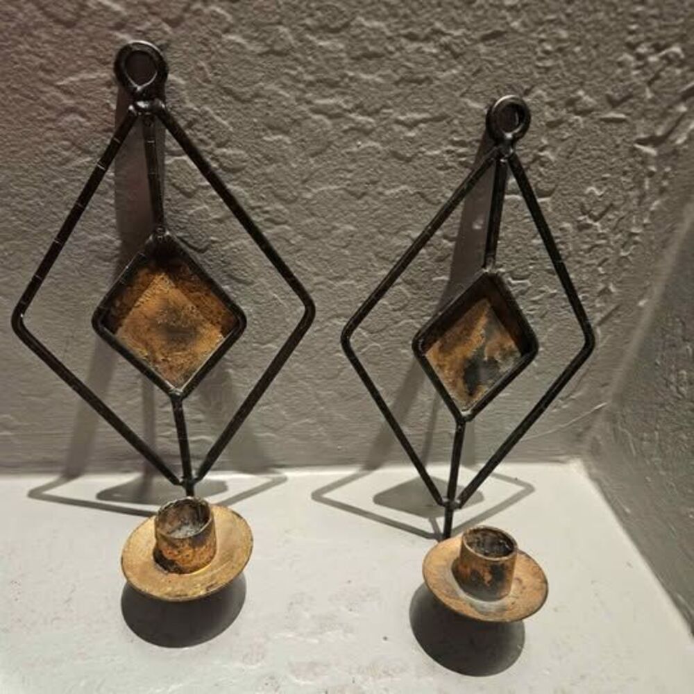 Vintage Wrought Iron Diamond Wall Sconces - Pair